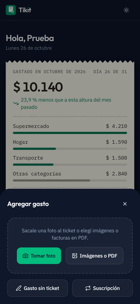 Menú «Agregar gasto» con los botones Tomar foto e Imágenes o PDF.