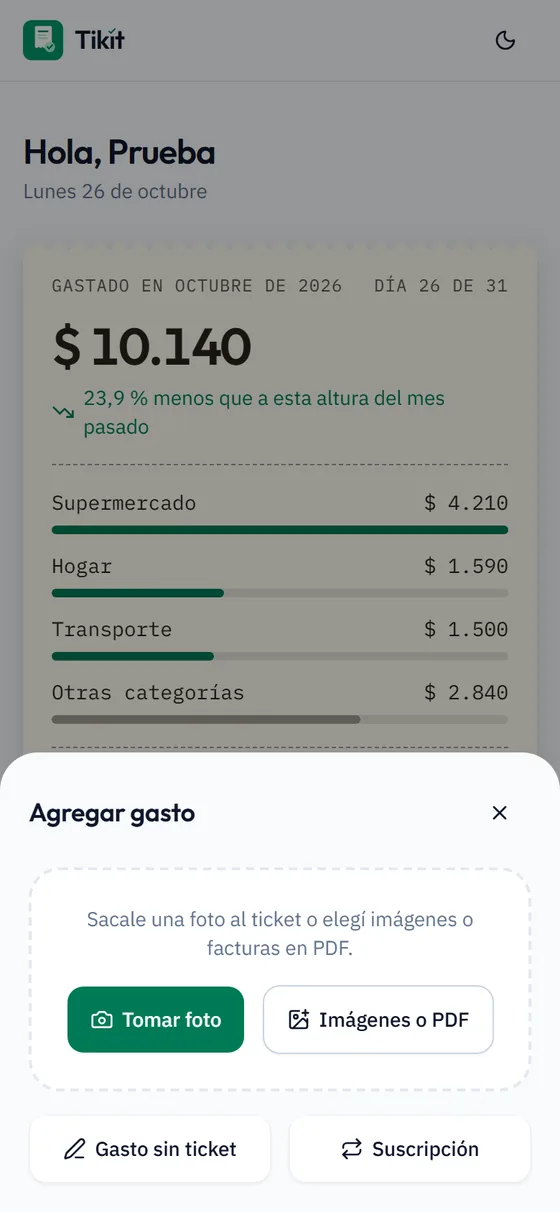 Menú «Agregar gasto» con los botones Tomar foto e Imágenes o PDF.