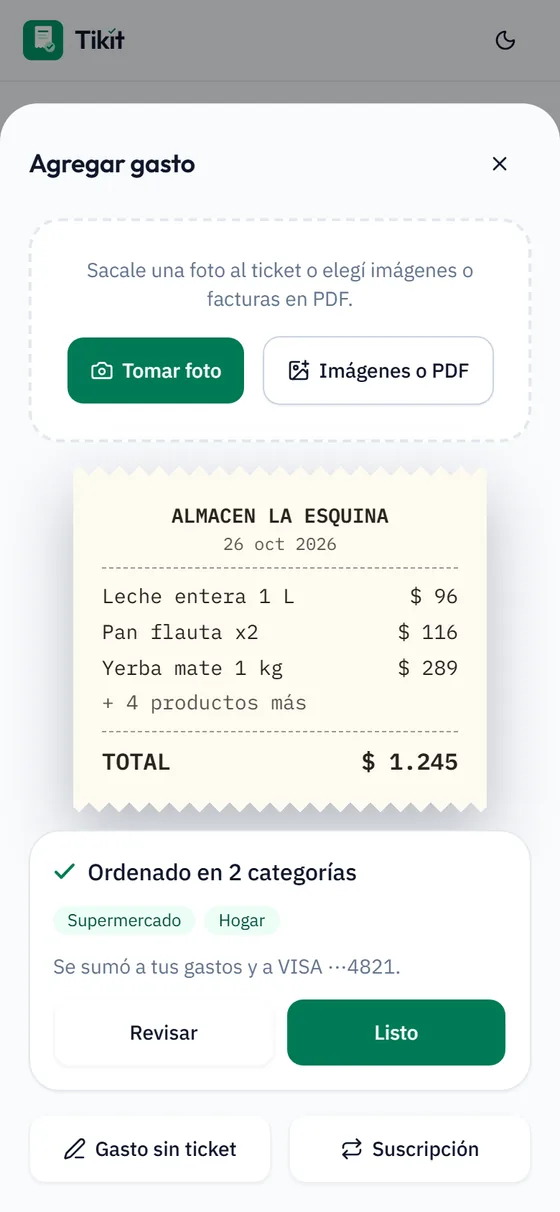 Resultado impreso como ticket: Almacén La Esquina, $ 1.245, «Ordenado en 2 categorías» (Supermercado y Hogar) y «Se sumó a tus gastos y a VISA ···4821».